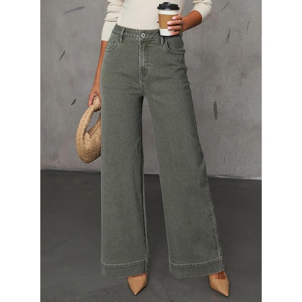 Women's Four Leaf Clover Wide Leg Denim Jeans Stretchy Loose Pants with Pockets - Picture 2 of 5